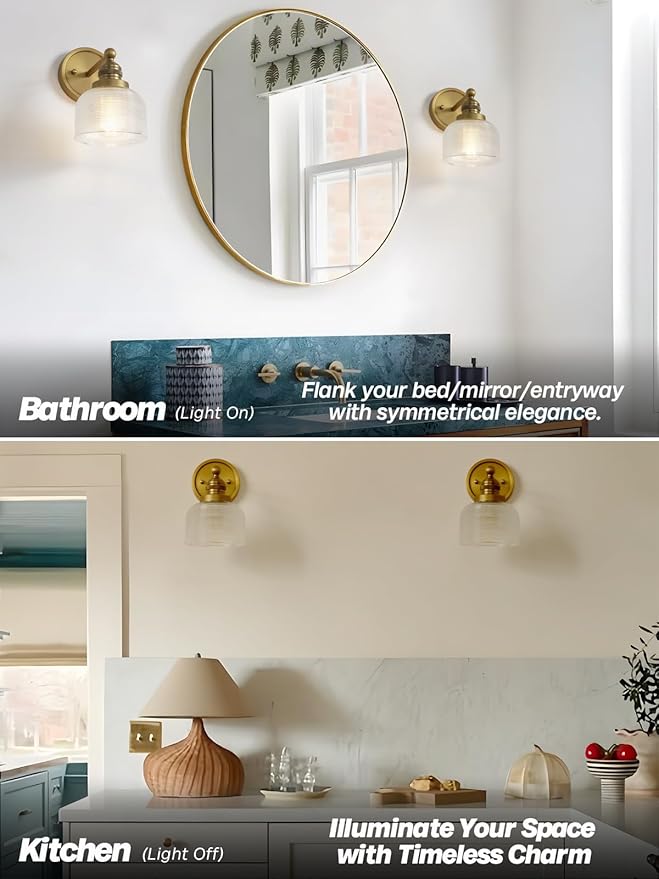 Gold Wall Sconces,Vintage Bathroom Vanity Light with Hand-Blowing Clear Glass Minimalist Brass Wall Sconce Light for Bathroom Mirror Living Room Bedroom Kitchen E26 Hardwire Indoor