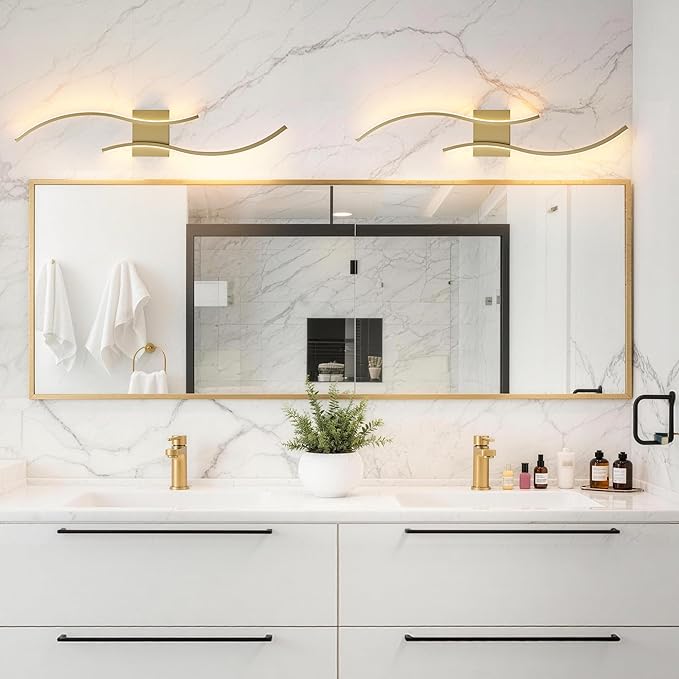 KARTOOSH 1 Pack Gold Light Fixture Hardwired Bathroom Vanity Lights Fixtures Over Mirror 31.5 Inch 3CCT Dimmable Modern Wall Lights for Mirror Kitchen Living Room Cabinet Porch Hallway