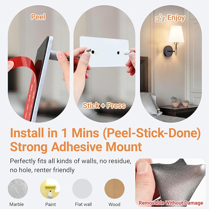 Peel and Stick Wall Sconces, Stick On Wall Sconce Set of 2, Battery Operated Wireless Adhesive Wall Lights, Corn Bulb with 10000mAh Battery, Easy Install for Bedroom Living Room Wall Decor