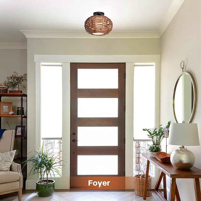 Boho Semi Flush Mount Ceiling Light, Rattan Style Hand Woven Shade, Farmhouse Ceiling Fixture for Bedroom, Kitchen, Hallway, Entryway