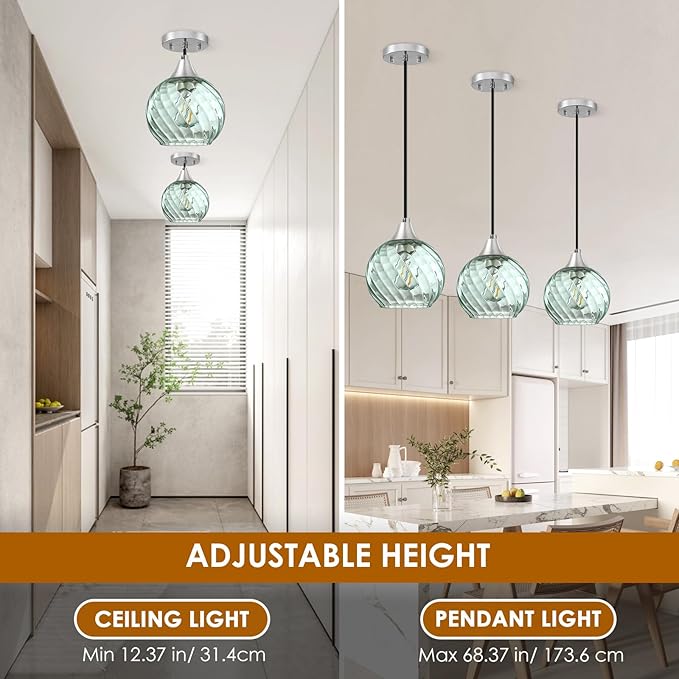 Pendant Lights Kitchen Island,3 Pack Farmhouse Pendant Lights,Green Striped Swirl Globe Glass Pendant Light Fixtures,Mini Island Lights For Kitchen,Modern Hanging Light Fixture With Adjustable Height