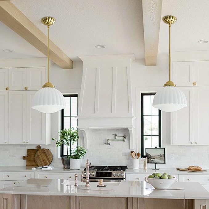 Milk Glass Pendant Light, 11" Brass Semi Flush Mount Pendant Light, Antique White Pleated Glass Chandelier, for Kitchen Island Lighting, Hallway, Bedroom, Dining Room, Foyer, E26 Bulb Included