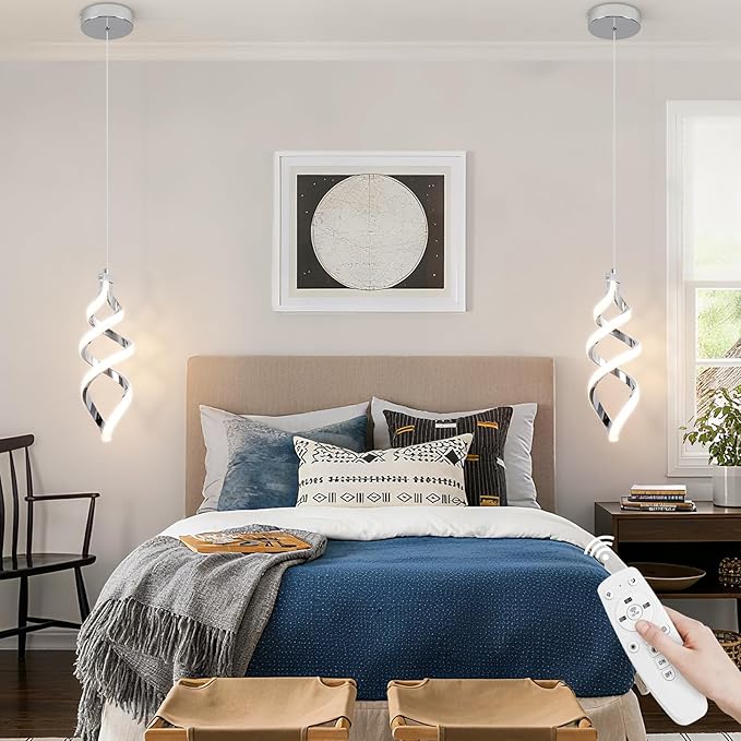 Modern Led Pendant Light Fixture, 15W Chrome Spiral Led Chandelier Hanging Lamp, 3000K-6000K, Dimmable Pendant Lamp, Adjustable Height Pendant Light for Kitchen Island Dining Room Bedroom Cafe