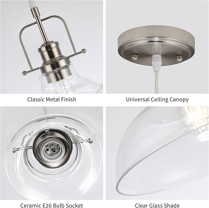 WILON Brushed Nickel Glass Pendant Lights Kitchen Island Lighting, Modern Hanging Lamp for Sink Dining Room Over Table Hallway Entryway Bar Foyer Bathroom