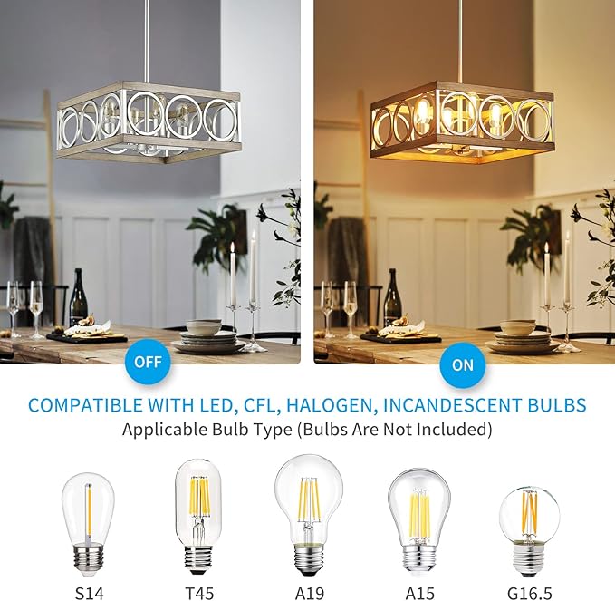 XINGQI Modern Chandelier Square 4-Light, Farmhouse Pendant Lighting Fixture for Dining Room Living Room Bedroom Kitchen Island,Antique Wood Grain+Brushed Nickel Metal Ceiling Lamp