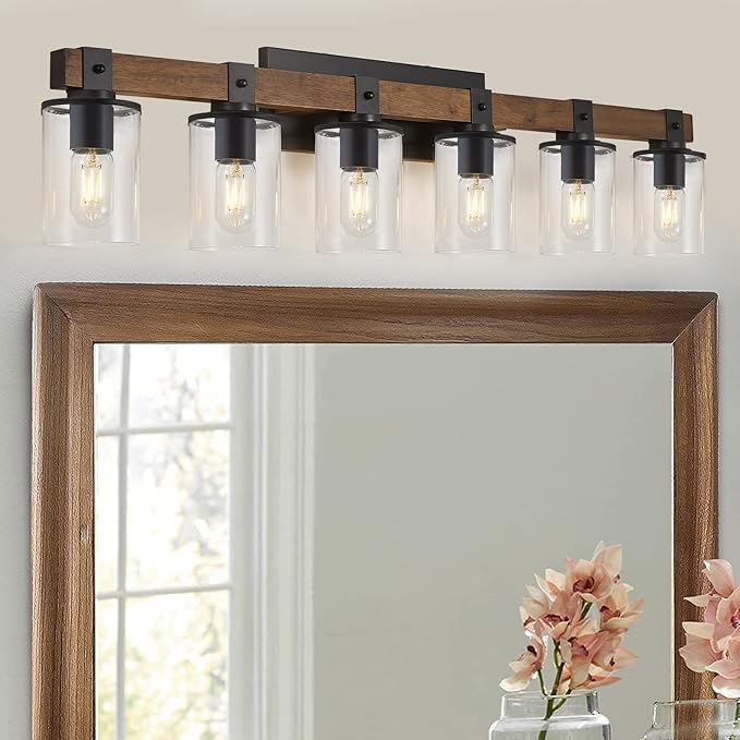 DUJAHMLAND 6-Light Wood Vanity Light,40.5 inch Farmhouse Bathroom Metal Wall Sconce with Cylinder Clear Glass Shade,Industrial Wall Light Fixtures for Hallway,Kitchen,Bedroom(Wood, 6-Light)