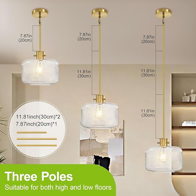 Glass Pendant Lights Kitchen Island, 9.84'' Brass Gold Pendant Lighting Fixtures, Modern Hanging Ceiling Light with Clear Hammered Glass Shade for Farmhouse Dining Room Bedroom Hallway(1 Pack)