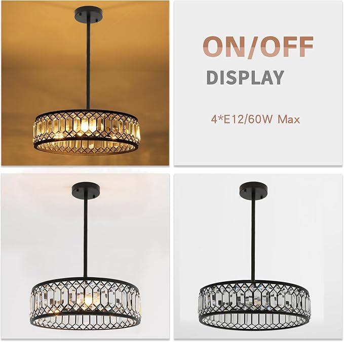 Crystal Ceiling Lights 16 Inch Modern Semi Flush Mount Ceiling Light Fixture,Farmhouse Rustic Black Chandelier for Drawing Room Bathroom Kitchen Dining Room Living Room Foyer(4 Light)