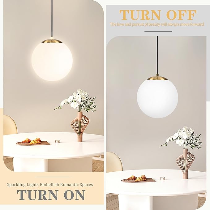 KoKo&Yukina 10" Globe Pendant Light Gold Plug in Pendant Light Adjustable Hanging Lights with Plug in Cord Brushed Gold Finished with Milk Glass Lampshade for Bedroom Kitchen Island（Bulb Included）