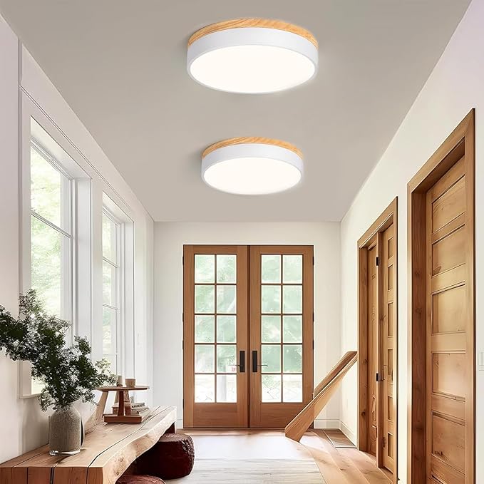 Modern Wood Flush Mount Ceiling Light, White LED 5CCT 2700K-6000K Dimmable Ceiling Light Fixtures, Round Close to Lighting Fixture for Kitchen Entryway Hallway Bedroom Laundry Room-11.8in