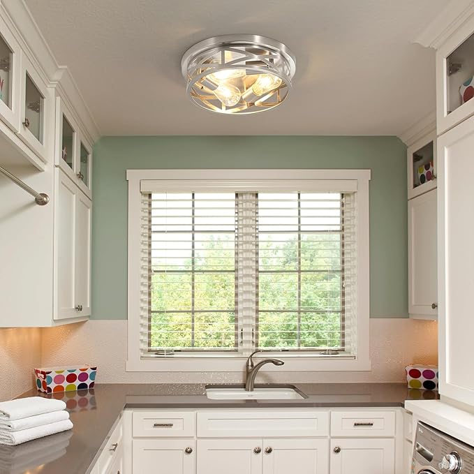 2 Pack Brushed Nickel Flush Mount Ceiling Light, 3-Light Close to Ceiling Light Fixtures, 13 Inch Metal Ceiling Lights for Bedroom, Living Room, Porch Kitchen