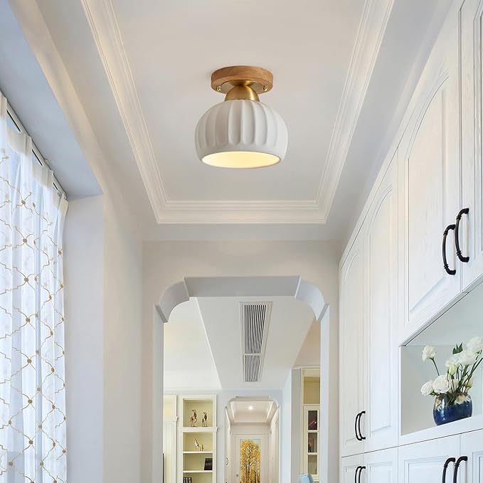 2 Pack Ceramic Wood Brass Semi Flush Mount Ceiling Light Vintage Hallway Light Fixtures, Modern Small Ceiling Mount Light Lamp for Hall Kitchen Entryway Passway Porch Foyer