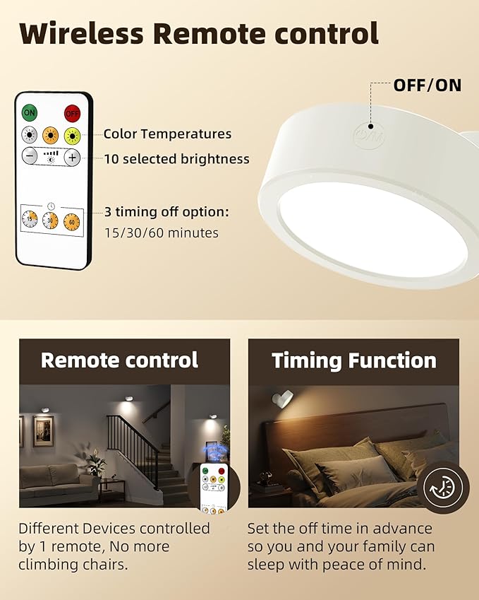 EZVALO LED Wall Mounted Lights, 5500mAh Rechargeable Wall Sconces Lamp, 3 Color Temps & Remote and Touch Control, 360°Rotation Dimmable Cordless Wall Light for Bedroom Reading Study (2 Pack White)