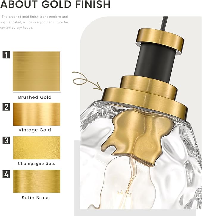 zeyu Pendant Light 2 Pack, Vintage Adjustable Hanging Light for Hallway, Haning Light Fixture Ceiling with Water Ripple Glass Shade, Black and Gold Finish, ZG33M1L-2 BK+BG-WG