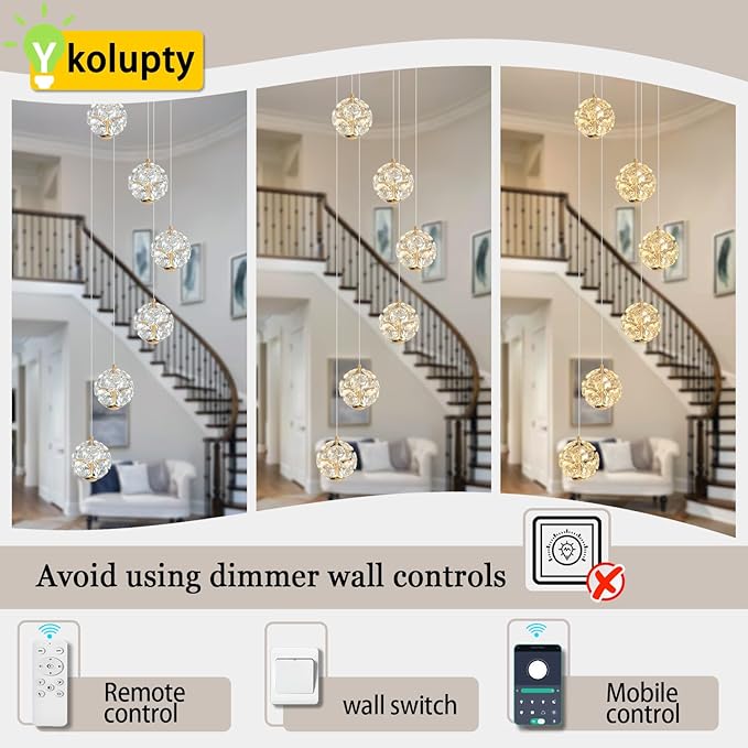 ykolupty LED Staircase Chandelier Modern Crystal Globe Pendant Light Crystal Chandeliers for High Ceilings,Gold Hanging Lighting Fixture for Villas Foyer Hallway Entryway (6-Lights)