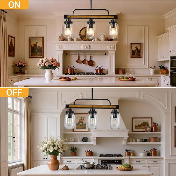 3-Light Farmhouse Dining Room Chandelier, Black Mason Jar Chandelier Lighting Fixture for Kitchen Island, Dining Table, Rustic Linear Cluster Hanging Pendant Light, Faux Wood with Glass Shade