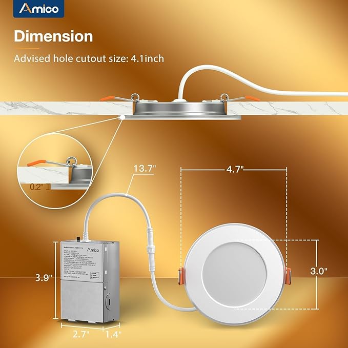 Amico 6 Pack 4 Inch 5CCT LED Recessed Ceiling Light with Night Light, 2700K/3000K/3500K/4000K/5000K Selectable Ultra-Thin Recessed Lighting, 10W=90W, 700LM, Dimmable Canless Wafer Downlight - ETL&FCC