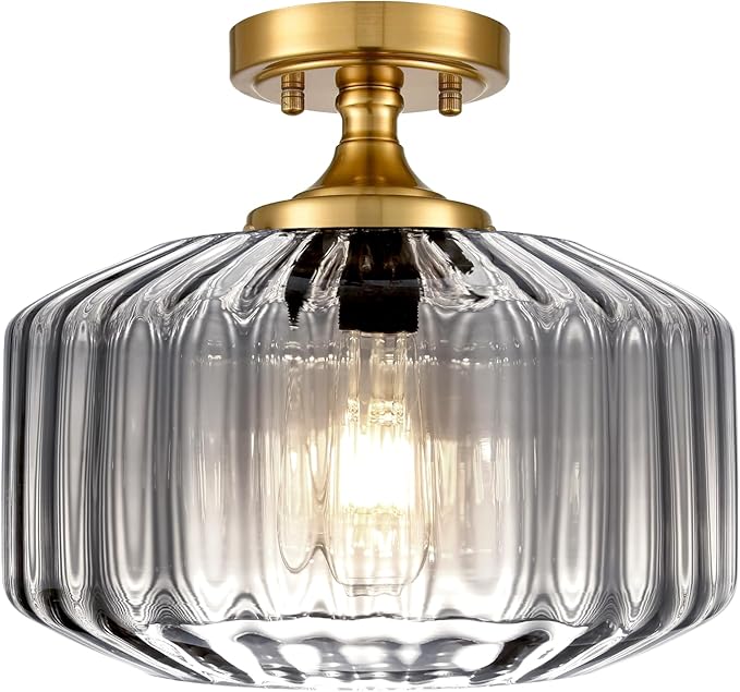 Gold Flush Mount Ceiling Light Fixture Porch Glass Ceiling Light Contemporary Ribbed Glass Chandeliers Overhead Light Farmhouse Lamp for Laundry Room, Entryway Pantry Light(Gray)