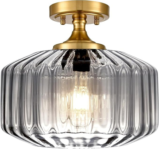 Gold Flush Mount Ceiling Light Fixture Porch Glass Ceiling Light Contemporary Ribbed Glass Chandeliers Overhead Light Farmhouse Lamp for Laundry Room, Entryway Pantry Light(Gray)
