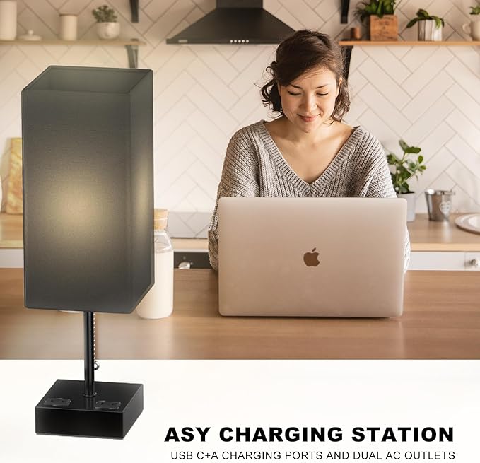 YIDPU Table Lamp for Bedroom with USB,Bedside Lamp with USB C+A Charging Ports,Adjustable 3color LED Light for Home Decor/Nightstand/Office,Included Bulb and Fabric Lamp Shade (Linen Black, 1PCS)