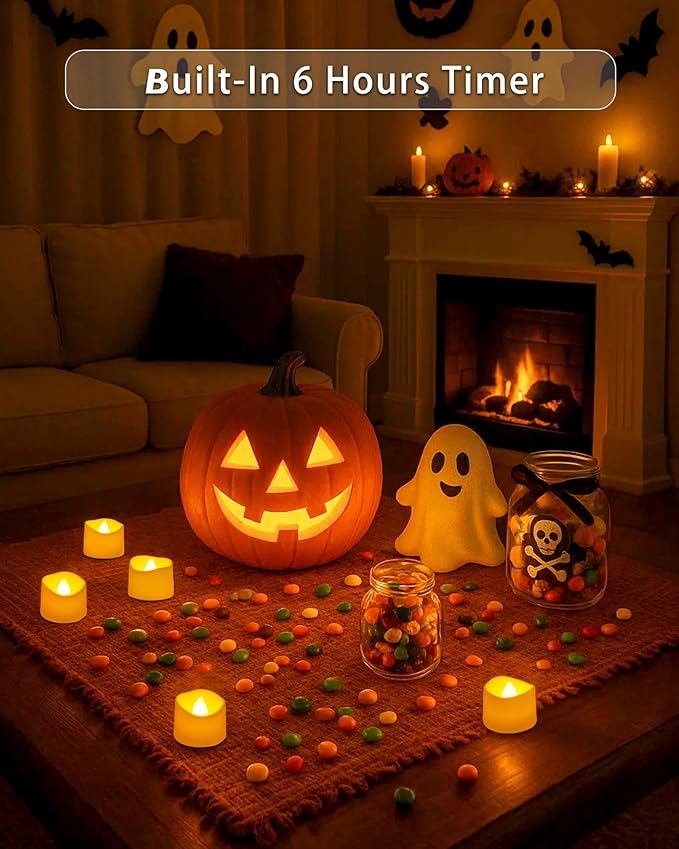 Raycare 24 Pack Tea Lights with Timer, 6H Timer Built-in, Flameless Battery Operated Tea Lights Flickering in Warm Yellow, Realistic Votive Candle for Halloween Wedding Christmas Party Home Decor