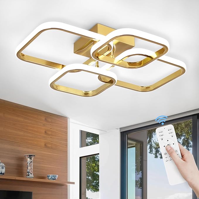 Dimmable Modern Ceiling Lights, 4-Square Flush Mount Ceiling Lighting with Remote Control, 3000K-6000K Gold LED Ceiling Light Fixtures for Bedroom, Dining Room,Kitchen