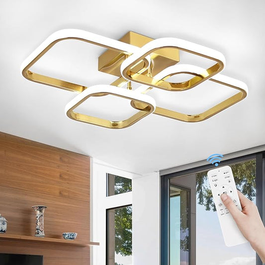 Dimmable Modern Ceiling Lights, 4-Square Flush Mount Ceiling Lighting with Remote Control, 3000K-6000K Gold LED Ceiling Light Fixtures for Bedroom, Dining Room,Kitchen