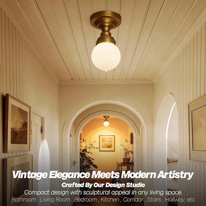 Modern Schoolhouse Semi Flush Mount Ceiling Light, Brass Gold Close to Ceiling Light Fixtures with Globe Milky White Glass Hallway Ceiling Lamp for Laundry Entryway Kitchen Bathroom E26