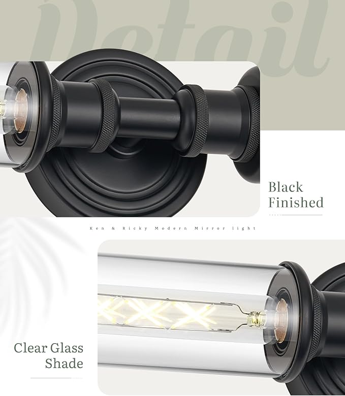 Ken & Ricky 24" Bathroom Light Fixtures, Black Wall Sconce with Clear Glass Shade, Bathroom Vanity Lights Over Mirror for Living Room Bedroom Kitchen Hallway, KR3376-W-BK-1PK