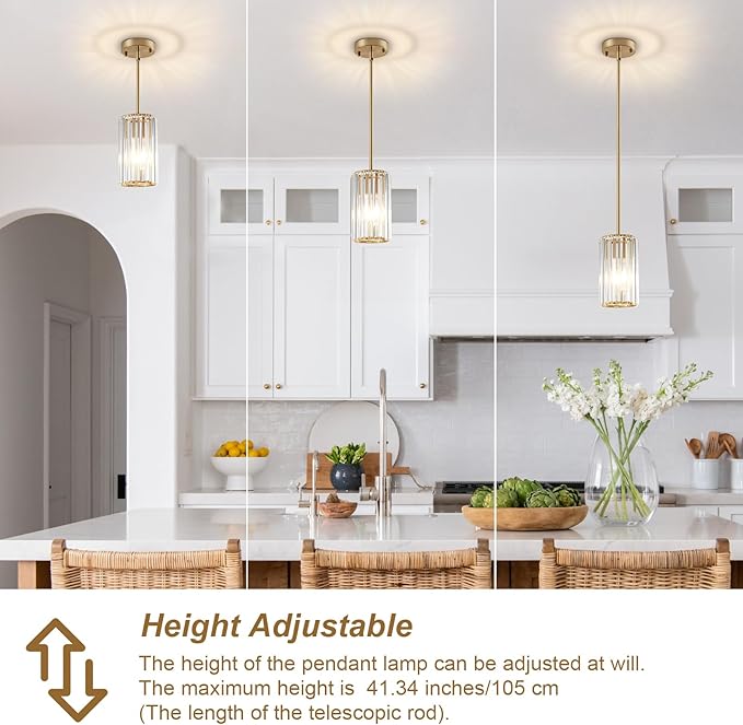 3 Pack Gold Modern Crystal Pendant Lights Hanging Light Fixtures, Gold Kitchen Island Pendant Lighting Fixtures Adjustable Modern Crystal Pendant Lights for Island Dining Room Hallway Bedroom