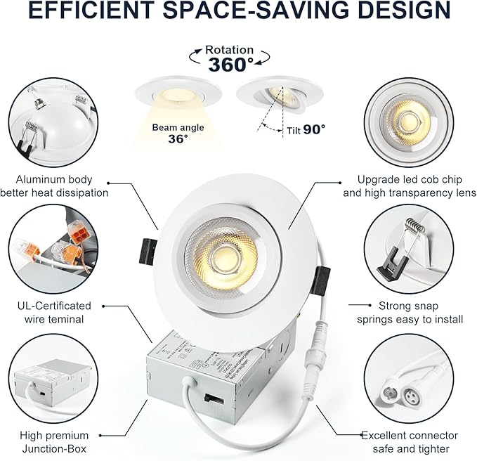 6 Pack White 4-inch 5 CCT Gimbal LED Recessed/Downlight Color Selectable 2700K/3000K/3500K/4000K/5000K 800Lm 9W 120V Dimness Adjustable LED Lights