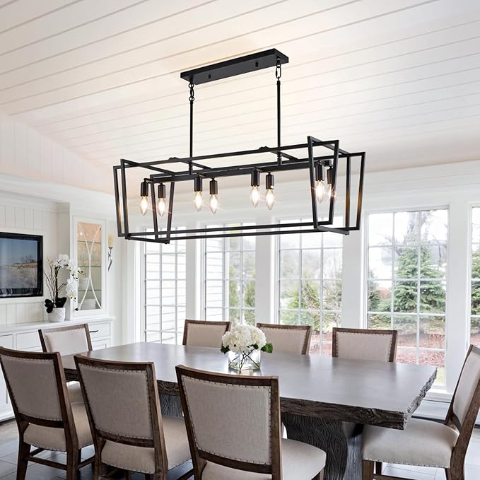 8-Light Dining Room Light Fixture, Farmhouse Pendant Lights Kitchen Island, Rustic Black Chandeliers for Dining Room, Rectangle Hanging Light Fixtures Over Table