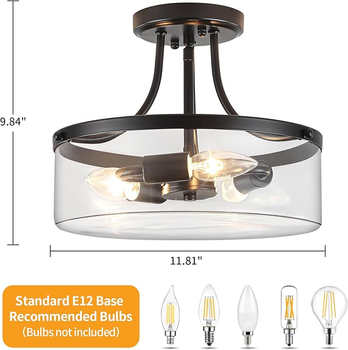 TOULMJ Black Semi Flush Mount Ceiling Light, 11.81" Glass Drum Light Fixture, 3-Light Modern Hallway Light Fixture for Kitchen Entryway Bedroom Foyer Laundry Dining Room