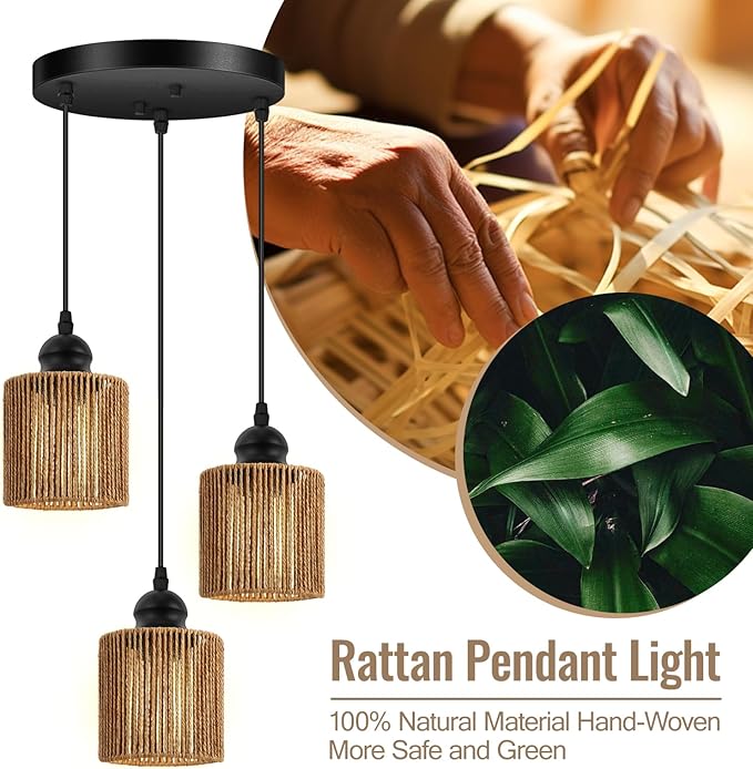 BoostArea 3-Light Rattan Pendant Lights Kitchen Island, Farmhouse Chandelier with Handwoven Wicker Shade, Adjustable Height Boho Hanging Light for Kitchen Island/Dining Room/Bedroom/Hallway, No Bulb