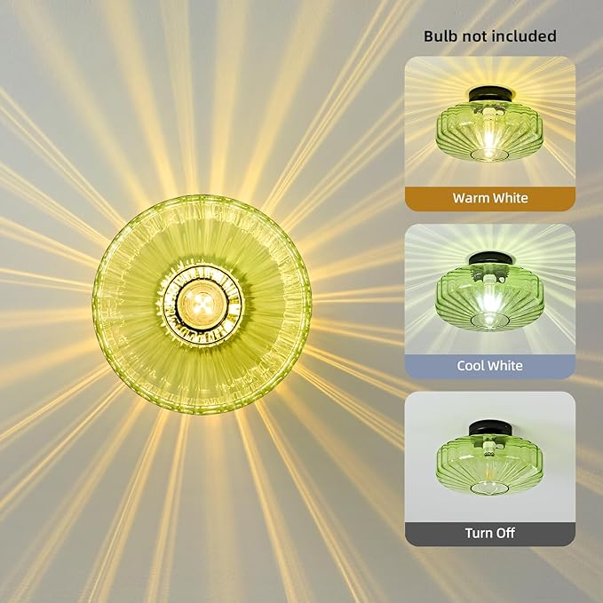 Glass Semi Flush Ceiling Lights - 12 in Vintage Mid Century Modern Lighting Fixture - Green Drum Unique Art Deco Mount Light Fixtures for Hallway Entry Way Hall Kitchen Dining Laundry Room Foyer Porch