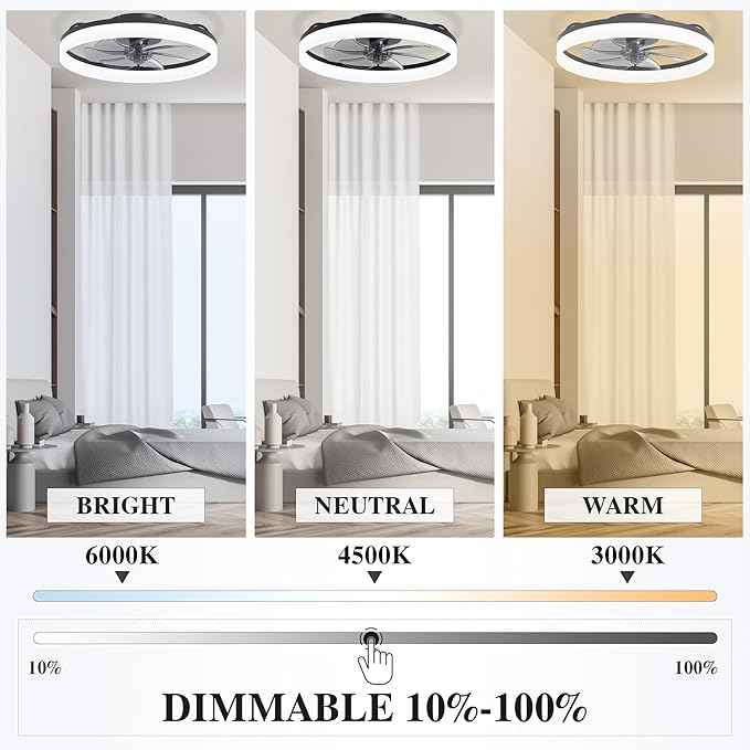 Ceiling Fans with Remote and Lights Fandelier - 20'' Low Profile Flush Mount Modern Black Ceiling Fans for Bedroom - 6 Speeds and Stepless Color Temperature Change