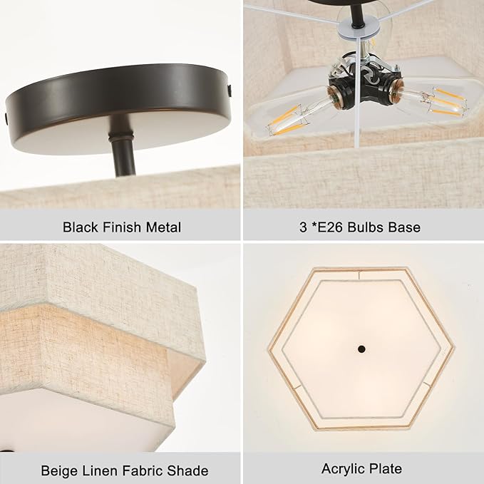 Large Semi Flush Mount Ceiling Light 18" Modern Black Drum Ceiling Lighting Fixture with Linen Shade Vintage Ceiling Lamp for Living Room, Bedroom, Kitchen, Dining Room, Hallway, and Entryway