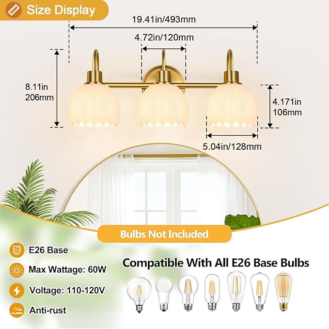 Bathroom Light Fixtures, 3-Light Gold Vanity Light Fixtures with White Tulip Glass Shades, Bathroom Lighting Fixtures Over Mirror for Bedroom, Living Room & Hallway (Bulbs Not Included)