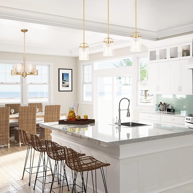 ALICE HOUSE 3 Pack Mini Modern Pendant Lights for Kitchen Island, Brushed Brass Glass Hanging Lamp, Contemporary Coastal Pendant Lighting for Dining Room, ETL Listed, AL2218-P3