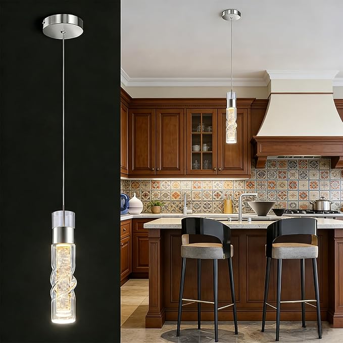 WILON Pendant Lights Kitchen Island, 9W Modern Kitchen Island Lights Brushed Nickel, Ceiling Lighting Fixtures with Crystal Bubble, Integrated LED Hanging Light for Dining Room Restaurant(1 Pack)