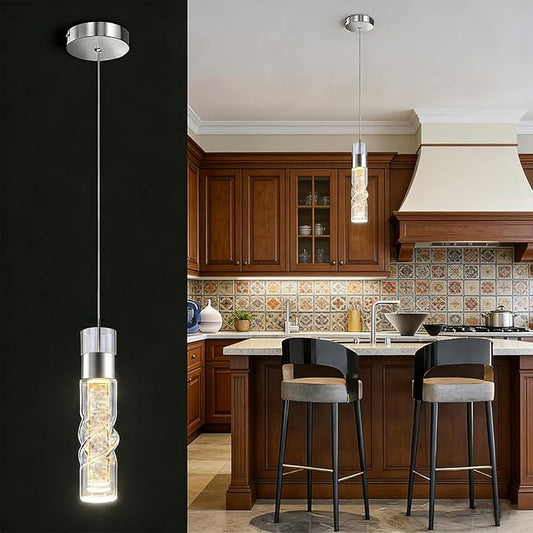 WILON Pendant Lights Kitchen Island, 9W Modern Kitchen Island Lights Brushed Nickel, Ceiling Lighting Fixtures with Crystal Bubble, Integrated LED Hanging Light for Dining Room Restaurant(1 Pack)