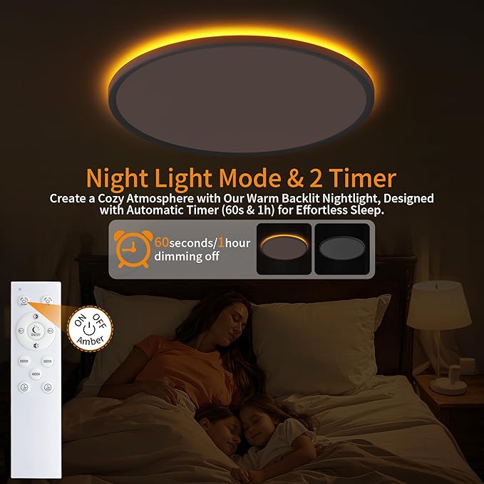 Flush Mount Ceiling Light with Night Light, 11in LED Ceiling Lights with Remote Control, 1800K Nightlights & 3000-6500K Dimmable Lamp Fixture, 24W 2400LM Low Profile for Bedroom, White