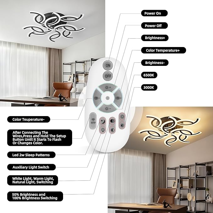 30.9 Inch Modern LED Ceiling Light with Remote, 3 Color Dimmable 56W, CRI90+ 3000-6500K Acrylic Ceiling Light Fixture for Living Room/Bedroom/Dinning Room