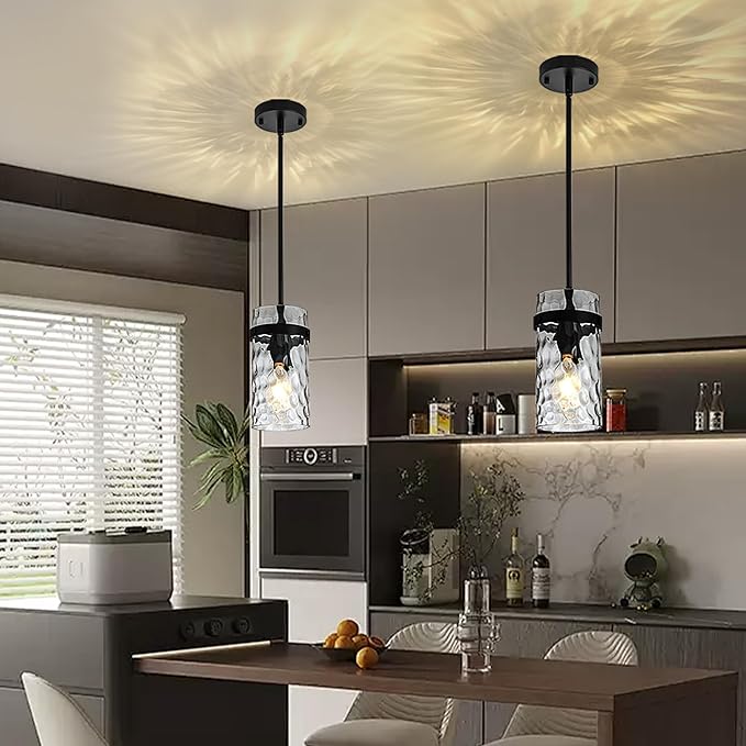 2 Pack Black Pendant Lights Kitchen Island, Hammered Glass Pendant Lighting Over Island, Kitchen Hanging Light Fixtures Pendant Light Over Sink for Kitchen Entryway Foyer Dining Room