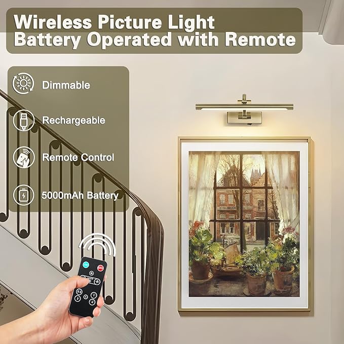 DESOOP Wireless Picture Lights Rechargeable Gallery Lighting Battery Picture Frame Light with Remote and Timer, Adjustable Art Light for Paintings, Portraits, Antique Bronze Finish 16'' Inch 3W 2700K