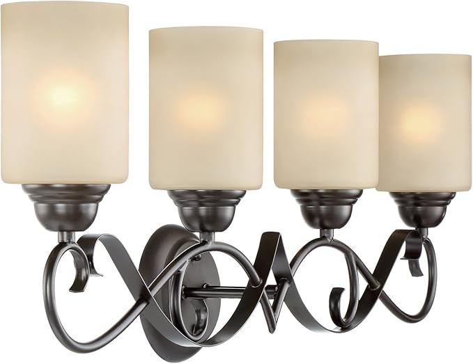 Kira Home Villa 31" Traditional 4-Light Bathroom Vanity Light with Scrollwork Design and Frosted Amber Glass Shades, Oil Rubbed Bronze Finish