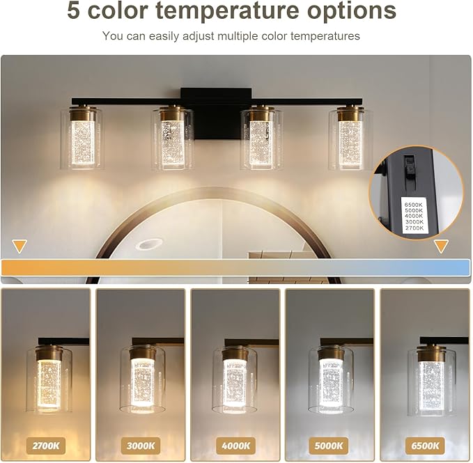 EMONG 4-Light Black&Gold Bathroom Light Fixtures,Dimmable 5CCT LED Vanity Lights with Clear Glass,2700K-6500K Adjustable Crystal Bubble Black Bathroom Vanity Light Over Mirror for Hallway