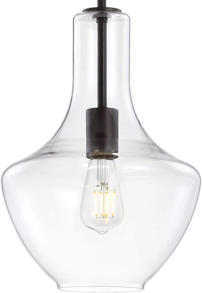 JONATHAN Y 10.5" Oil Rubbed Bronze/Clear Mid-Century Modern 1-Light LED Pendant Light Fixture, Adjustable Schoolhouse Hanging Lamp for Kitchen Island, Clear Glass Shade, LED Bulb Included (JYL6400B)
