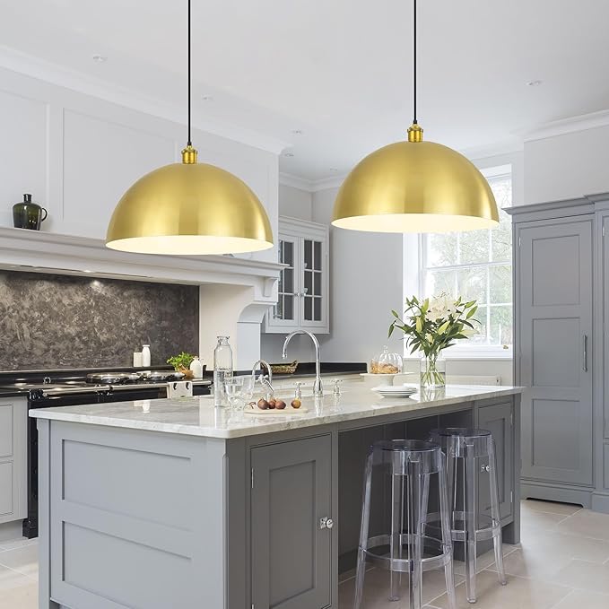 Gold Pendant Light, 20" Farmhouse Ceiling Light with Gold and White, Elegant Semi-Circular Shade Design, Adjustable Height Industrial Dome Pendant Lights for Kitchen Island, Dining Room