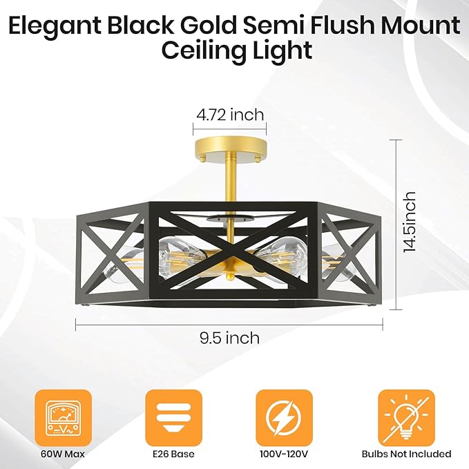 6-Light Semi Flush Mount Ceiling Light Fixture, 19.7" Gold Black Hallway Light Fixtures Ceiling Mount, Modern Close to Ceiling Lighting for Living Room Bedroom Dining Room Kitchen Entry Foyer